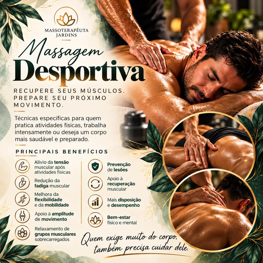 Arte da Massagem Desportiva: Recupere seus músculos. Prepare seu próximo movimento. Principais benefícios: alívio da tensão muscular após atividades físicas, redução da fadiga muscular, melhora da flexibilidade e da mobilidade, apoio à amplitude de movimento, relaxamento de grupos musculares sobrecarregados, prevenção de lesões, apoio à recuperação muscular, mais disposição e desempenho, bem-estar físico e mental.