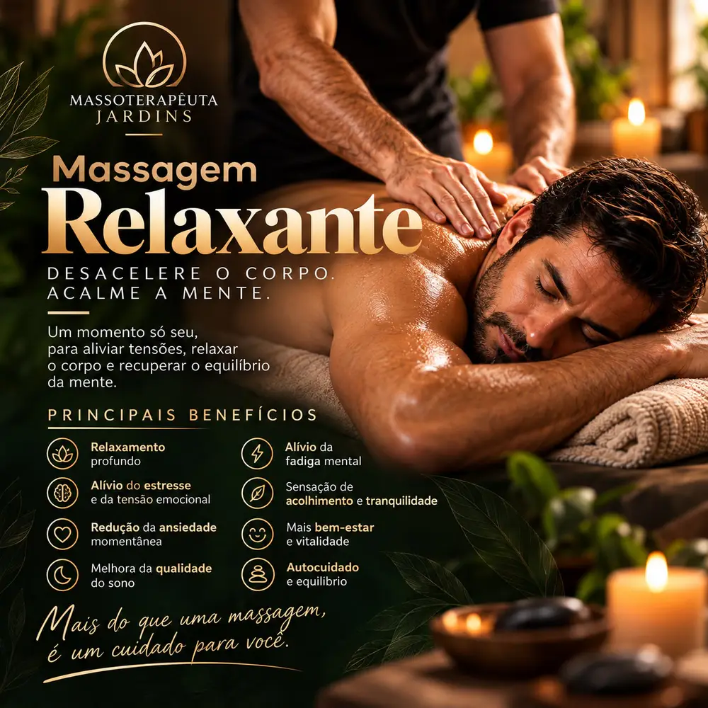 Arte da Massagem Relaxante: Desacelere o corpo. Acalme a mente. Principais benefícios: relaxamento profundo, alívio do estresse e da tensão emocional, redução da ansiedade momentânea, melhora da qualidade do sono, alívio da fadiga mental, sensação de acolhimento e tranquilidade, mais bem-estar e vitalidade, autocuidado e equilíbrio.