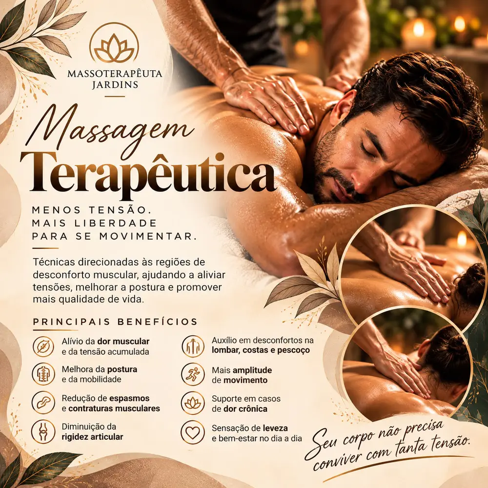 Arte da Massagem Terapêutica: Menos tensão. Mais liberdade para se movimentar. Principais benefícios: alívio da dor muscular e da tensão acumulada, melhora da postura e da mobilidade, redução de espasmos e contraturas musculares, diminuição da rigidez articular, auxílio em desconfortos na lombar, costas e pescoço, mais amplitude de movimento, suporte em casos de dor crônica, sensação de leveza e bem-estar no dia a dia.